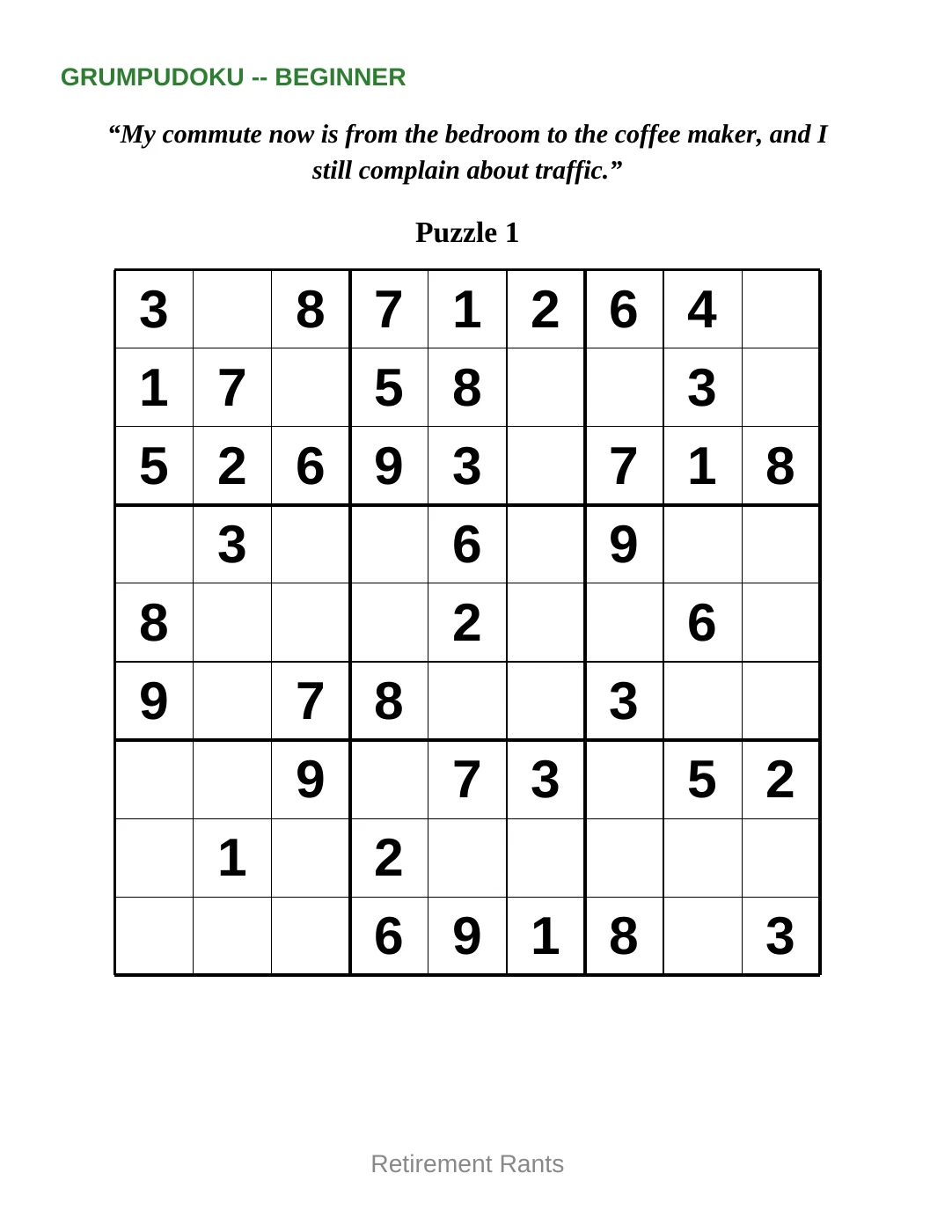 Sample 1 from Beginner Sudoku for Retirement Rants