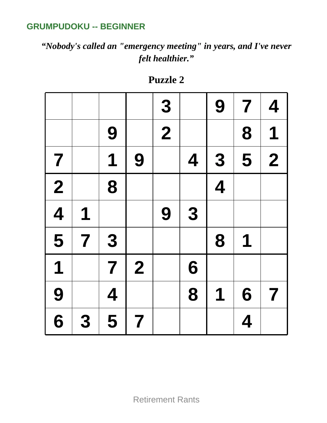 Sample 2 from Beginner Sudoku for Retirement Rants