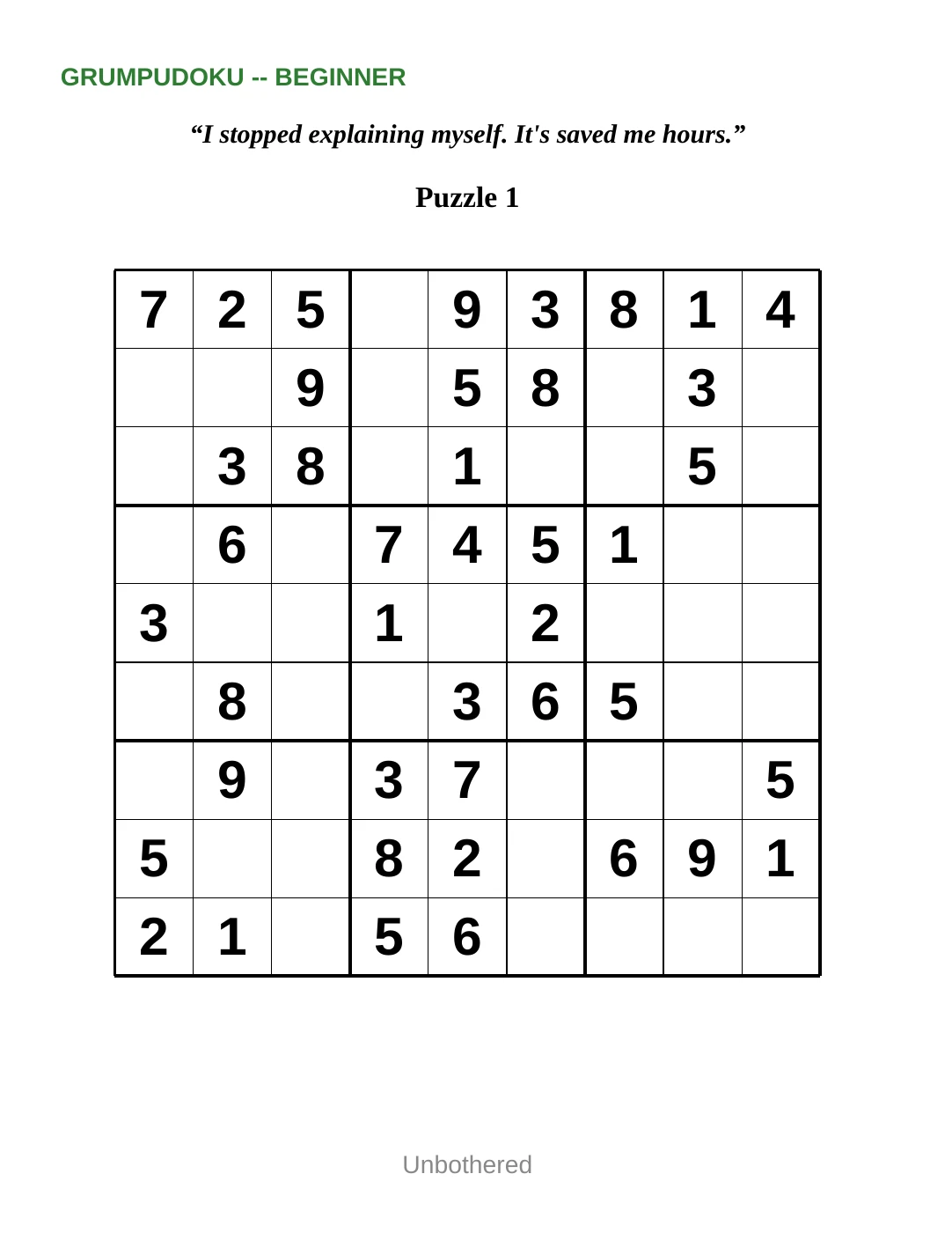 Sample 1 from Beginner Sudoku for the Unbothered