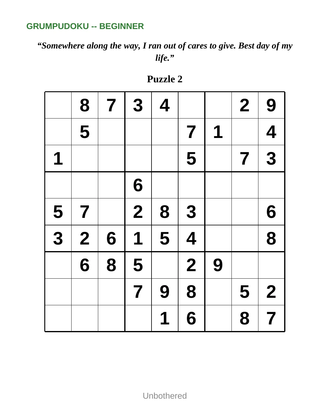 Sample 2 from Beginner Sudoku for the Unbothered