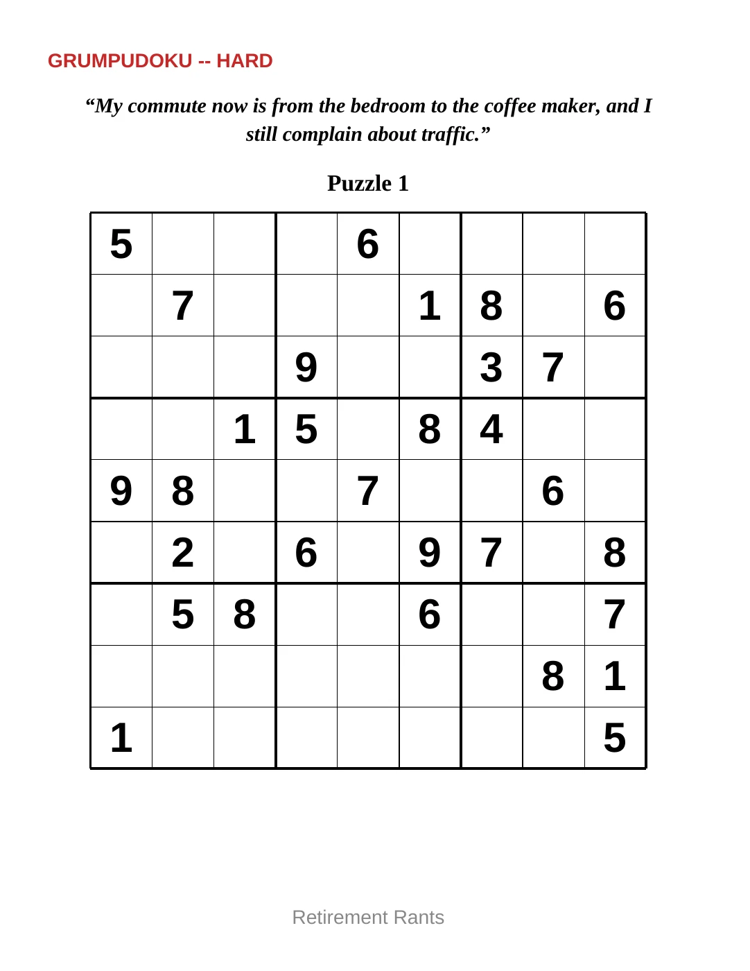 Sample 1 from Hard Sudoku for Retirement Rants