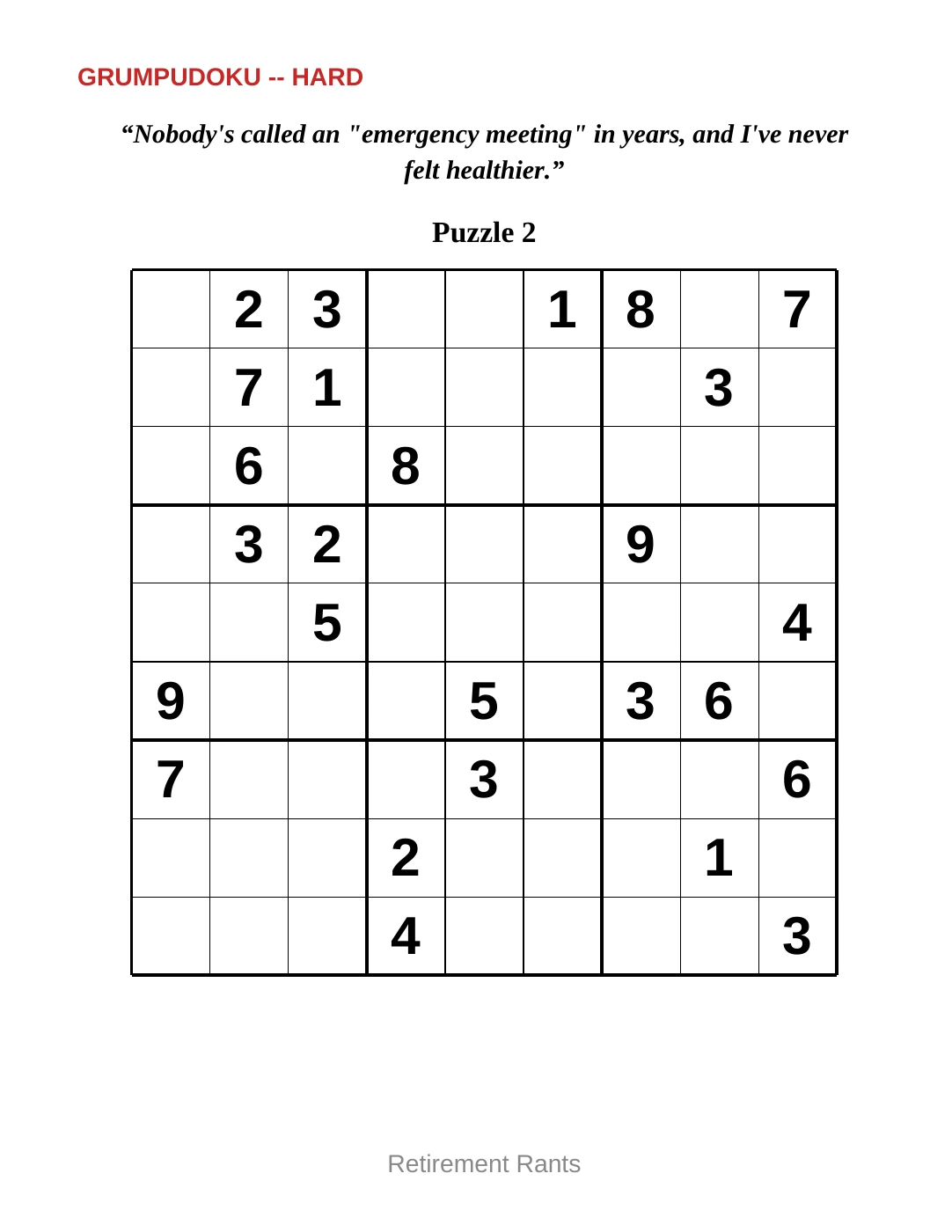 Sample 2 from Hard Sudoku for Retirement Rants
