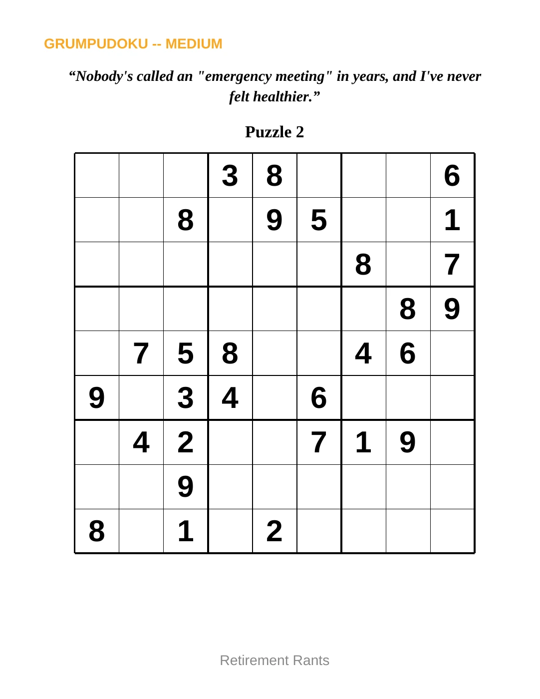 Sample 2 from Medium Sudoku for Retirement Rants