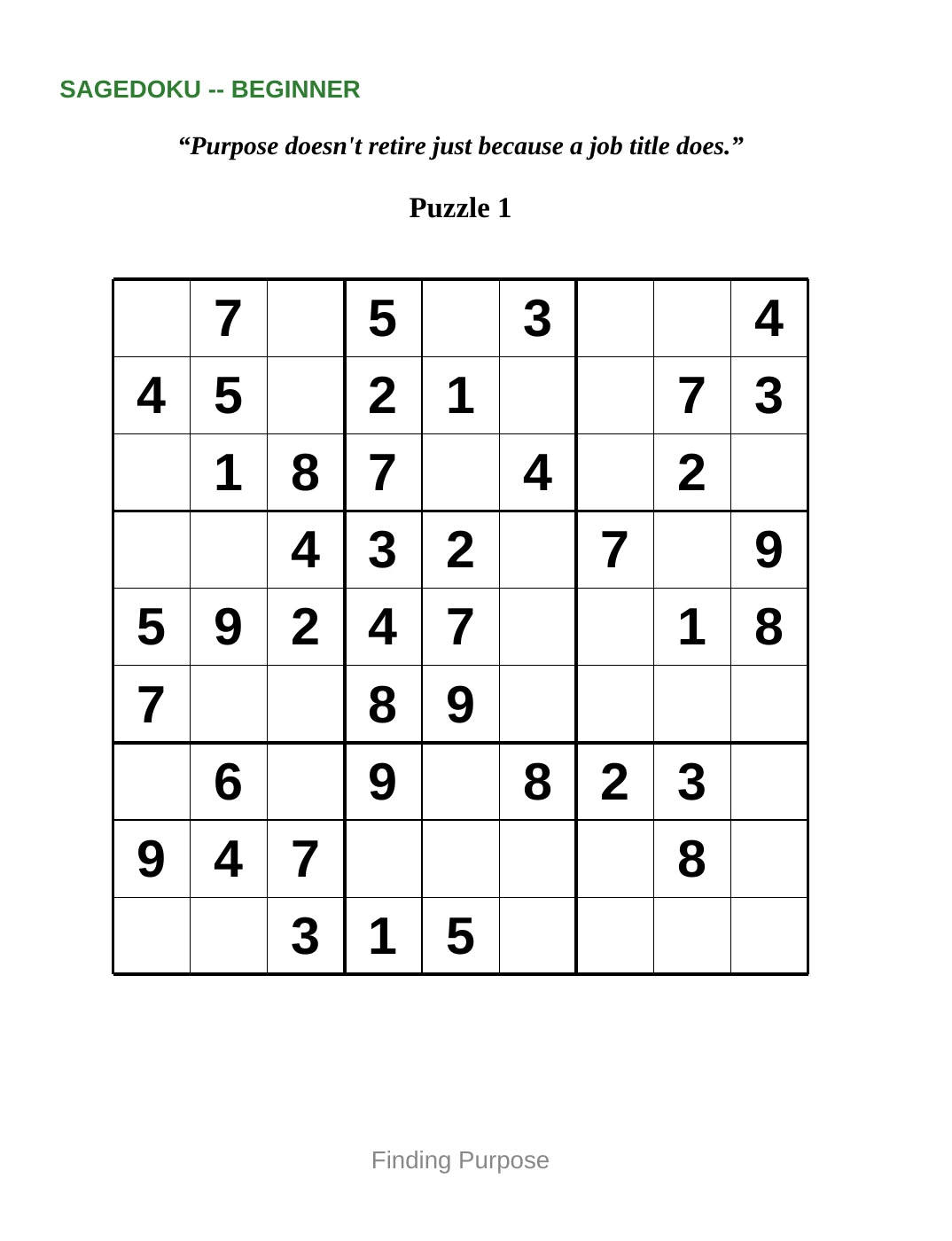 Sample 1 from Beginner Sudoku for Finding Purpose