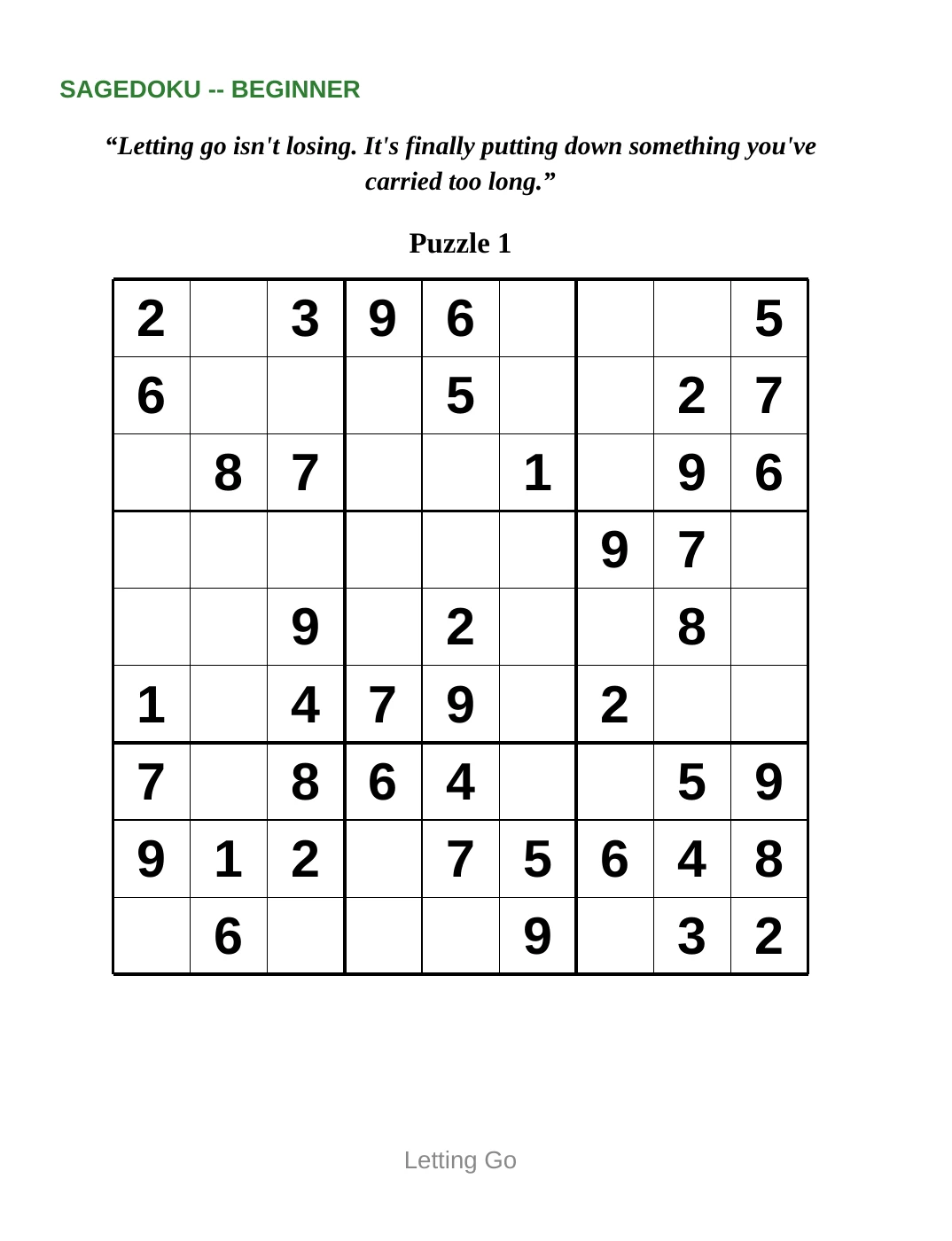 Sample 1 from Beginner Sudoku for Letting Go