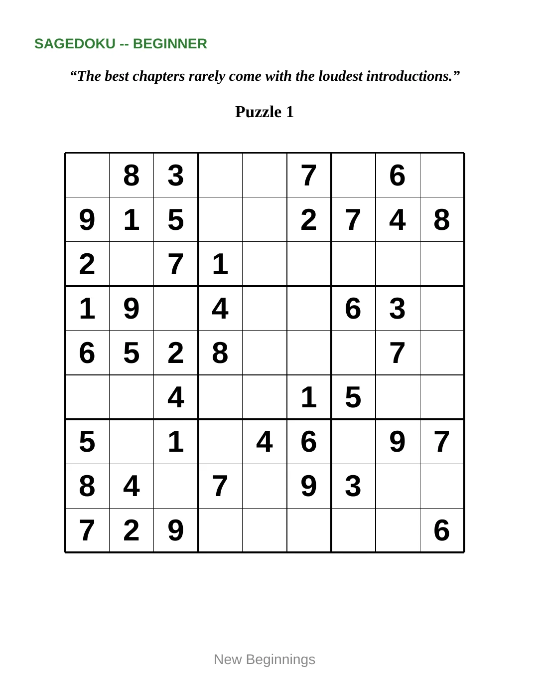 Sample 1 from Beginner Sudoku for New Beginnings