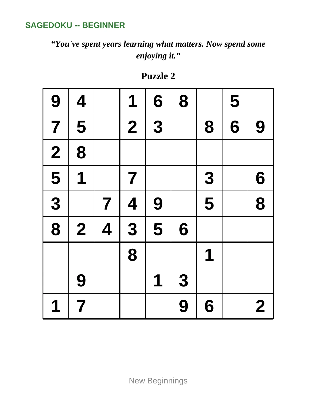 Sample 2 from Beginner Sudoku for New Beginnings