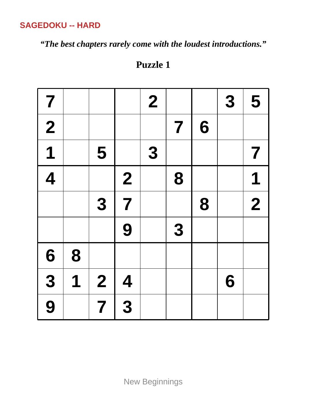 Sample 1 from Hard Sudoku for New Beginnings
