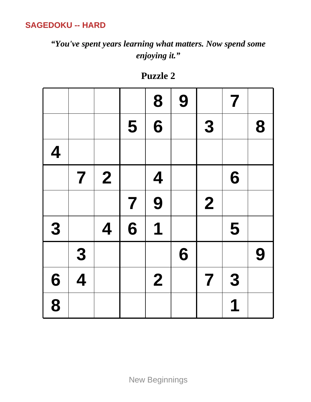 Sample 2 from Hard Sudoku for New Beginnings